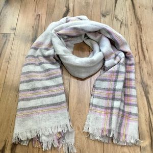 J. Crew Wool Blend Plaid Checkered Blanket Scarf Fringe Edges Grey And Pink